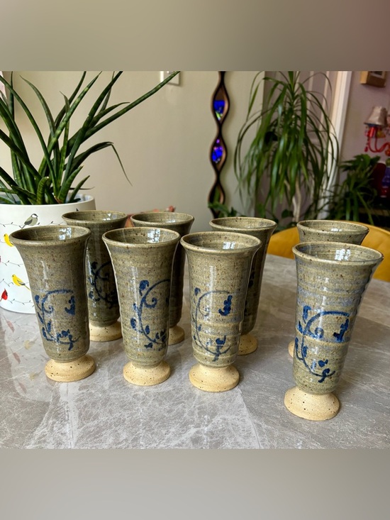 Other - Studio Art Pottery handcrafted Goblets with Blue Floral Motif - Set of 8